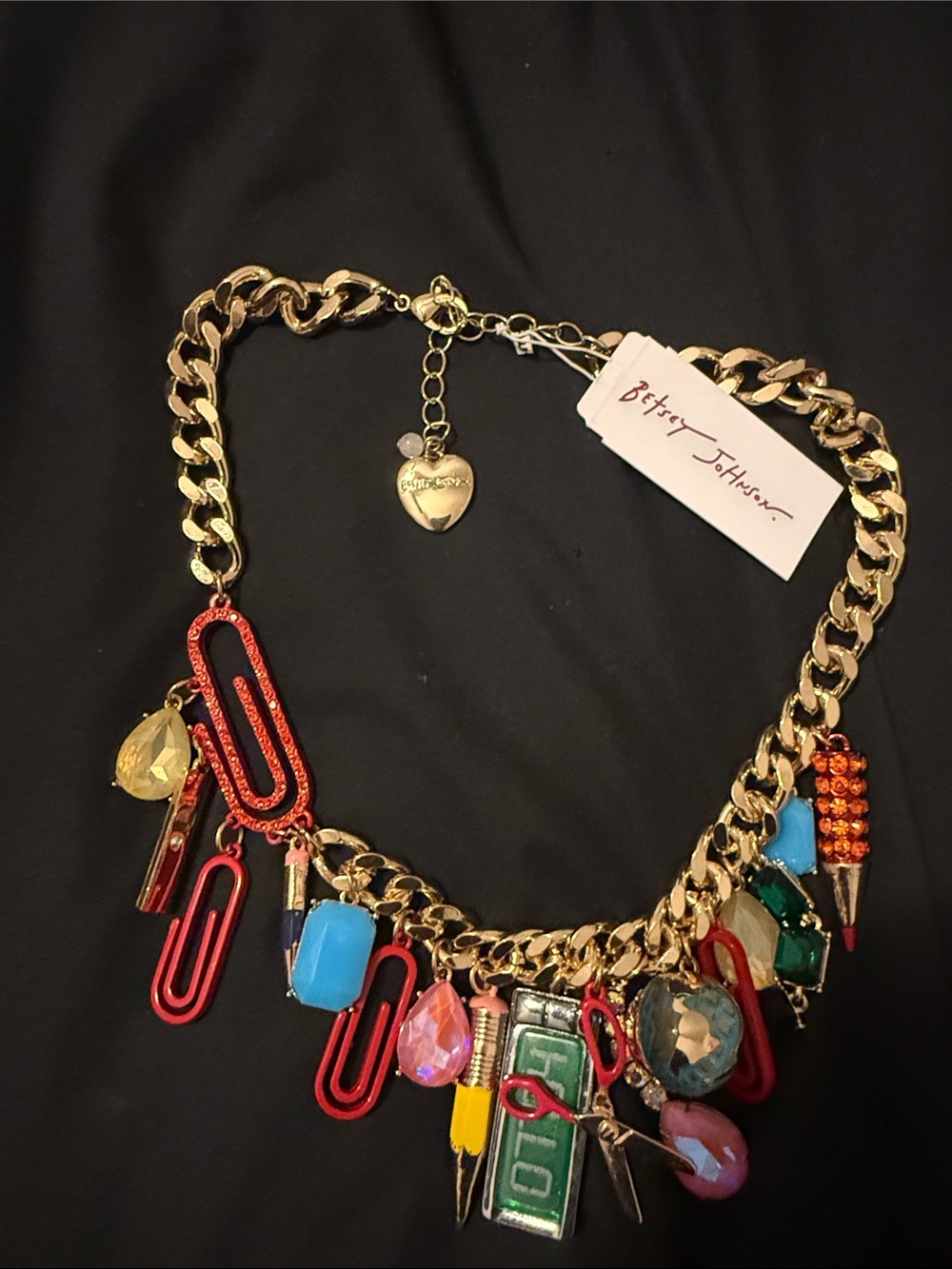 Betsey Johnson Gold-Tone Multicolor Charm Necklace with Red & Blue Accents